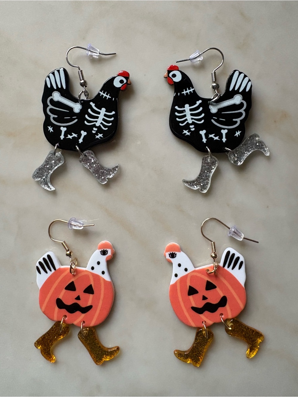 Halloween Chicken Dangle Earrings - Black & Orange